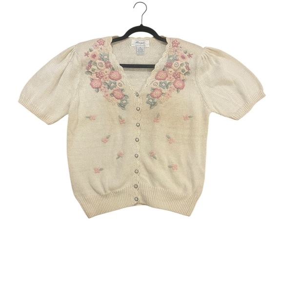 Vintage Floral Embroidered Cardigan pearlized buttons cream pink coquette med - Picture 1 of 10